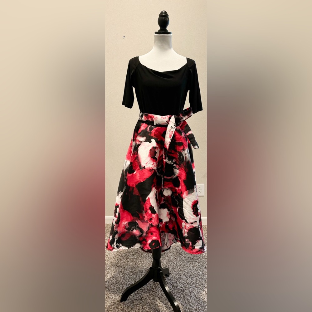 Olivia Matthews Off Shoulder Fit Flare Marble Water Floral Print Dress